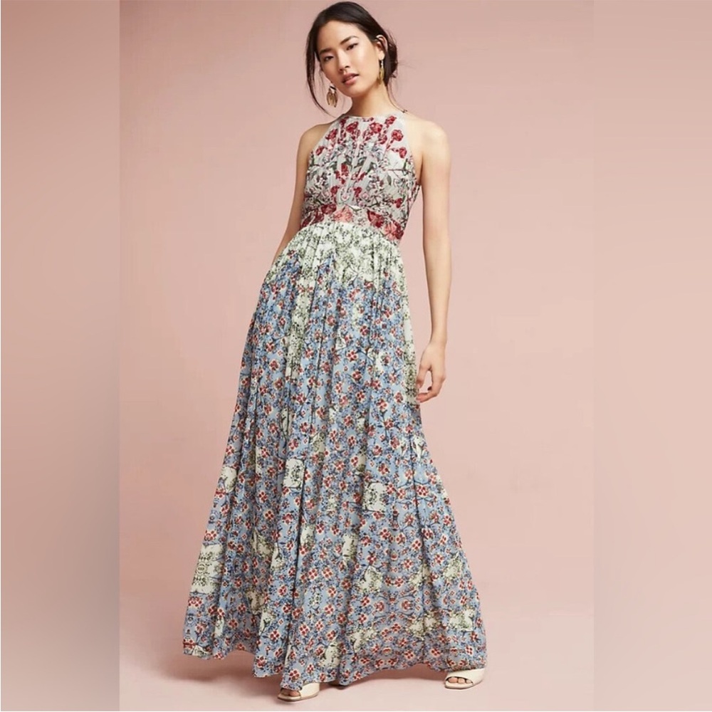 Anthropologie Bhanuni by Jyoti Adelise Blue and Pink Halter Maxi Gown